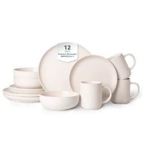 12-Piece Stoneware Dinnerware Sets with Mugs | Microwave & Dishwasher Safe | Non-Toxic Dinner Plates Bowls Set | Stackable Matte Glaze Kitchenware for