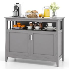 Black Wood 2-Door Dining Buffet Sideboard Cabinet with Open Storage Shelf (Color: grey)